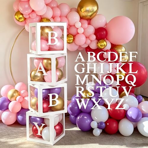 Image of 4PCS Balloon Boxes with 30 Letters (BABY+A-Z), Custom Baby Box for Baby Shower Decoration Neutral, Gender Reveal Box with White Balloons Boxes & Letter for Birthday Party, Christening, Prom