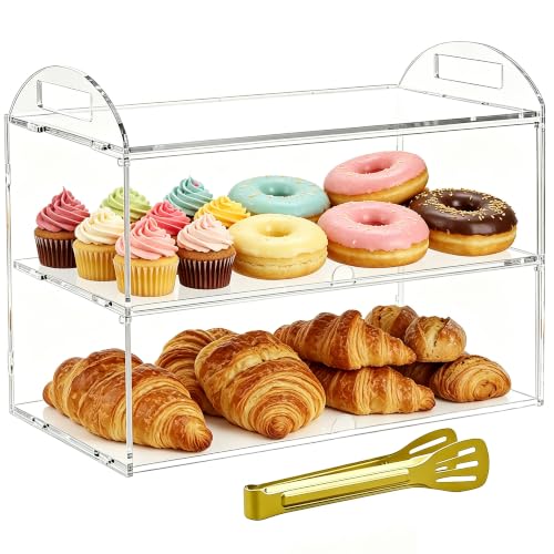 Acryvic Vitrine Boulangerie à 2 étages avec poignée, 48 x 24 x 30cm, présentoir à pâtisserie Commercial, boîte de présentation en Acrylique Transparent pour Dessert, Beignets, Bagels