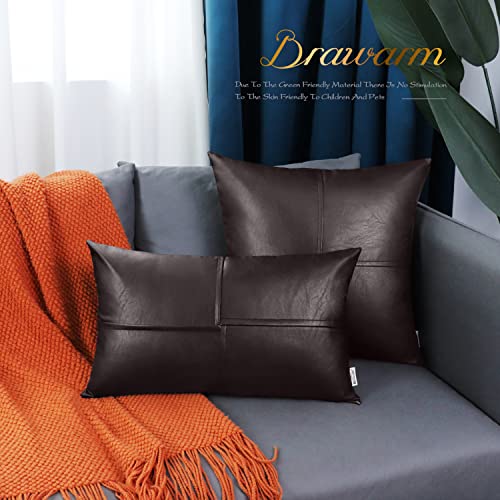 Image of BRAWARM Faux Leather Throw Pillow Covers 18 X 18 Inches, Brown Leather Pillow Covers Pack of 2, Hand Stitched Leather Decorative Throw Pillows for Couch Sofa Bed Living Room Home Garden