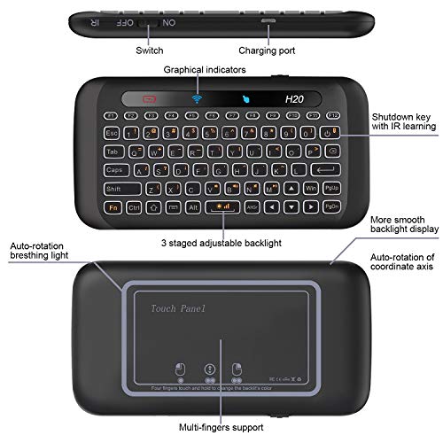 Ilebygo 2.4Ghz H20 Mini Wireless Keyboard And Touchpad Mouse Combo,7 Colors Adjustable, Rechargeable Auto-Rotation Of Touch Panel Handheld Remote Control For Android Tv Box, Projector, Iptv, Htpc, Pc #TOP3