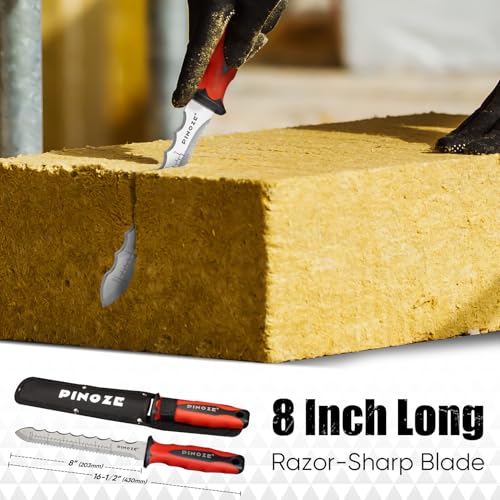 Image of PINOZE 8 inch Insulation Knife, Stainless Steel Blade Insulation Cutter w /Laser Scale, Dual-Side Serrated Duct Knife Tool with Sheath for Cutting Heat Material Foam /Rockwool /Styrofoam, Garden Sod Cutter