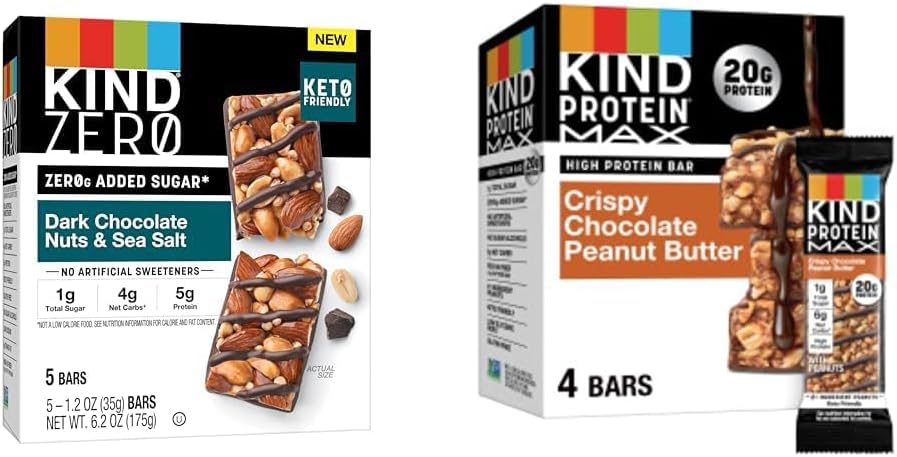 ZERO Added Sugar Bars, Keto Friendly Snacks, Dark Chocolate Nuts and Sea Salt, 5 Count + KIND Protein MAX Crispy Chocolate Peanut Butter Snack Bars, 20g of Protein, Gluten Free, 4 Count
