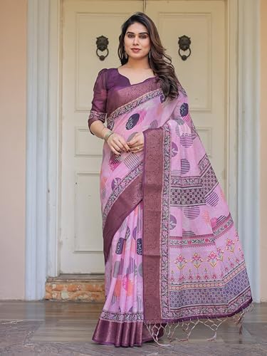 Image of ALMAARI FASHION Floral Printed Cotton Saree for Women with Handloom Zari Weave, Traditional Lightweight Ethnic Saree for Wedding Festive Office Party with Blouse Piece (LINEN 81-90 SH)