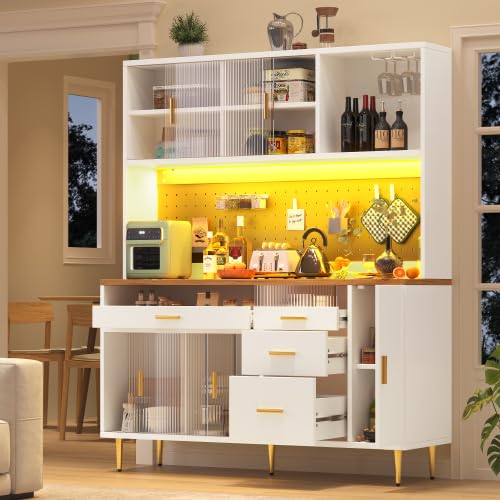vutizal Armario alto para salón con iluminación LED, sistema de estantería regulable en altura, puertas correderas de cristal, solución de almacenamiento modular, armario con botellero, blanco, 145 ×