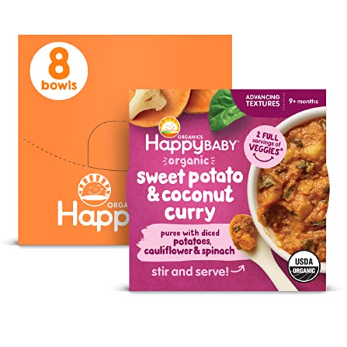 Image of Happy Baby Organics Baby Food, Advancing Textures Bowl Sweet Potato & Coconut Curry Puree with Diced Potatoes, Cauliflower & Spinach, 4 Oz (Pack of 8)