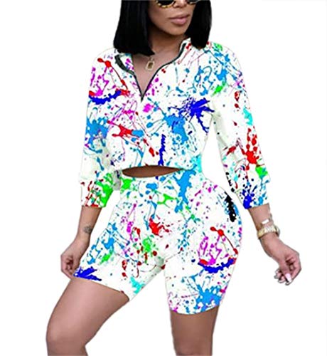 2 Pieces Sexy Biker Shorts Set For Women Short Sleeve Crop Tops+Color Stripe Skinny Pants Tracksuit Set L