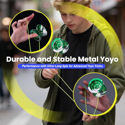 Image of MAGICYOYO N11 Professional Unresponsive Yoyo for Adults & Kids | Dual Purpose Alloy Trick YoYo Ball with Bag, Glove, 12 Yoyo Strings and Responsive Bearing Kit (Dark & Light Green Silver)