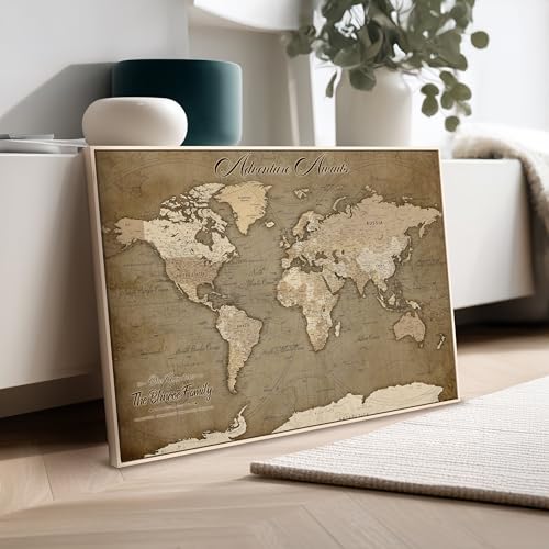 Personalized Push Pin World Map, Sepia Brown, Foam Canvas Wall Art