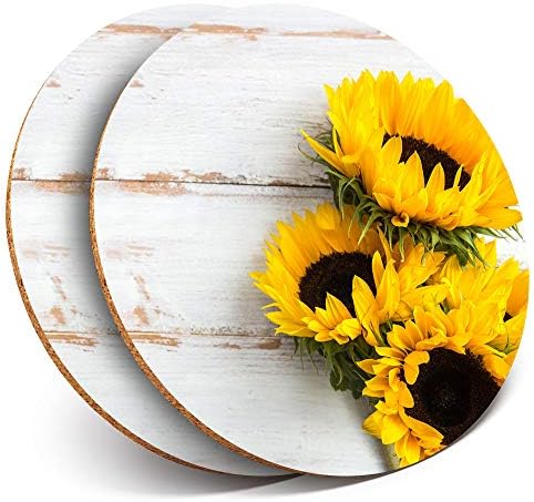 2 x Round Coasters - Sunflower Pretty Yellow Flowers - Cork Backed Home Kitchen Accessory Tea Coffee Mug Mat #14826