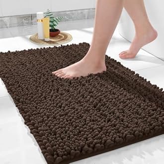Yimobra Original Luxury Chenille Bath Mat, 32 x 20 Inches, Soft Shaggy and Comfortable, Large Size, Super Absorbent and Thick, Non-Slip, Machine Washable, Perfect for Bathroom, Brown