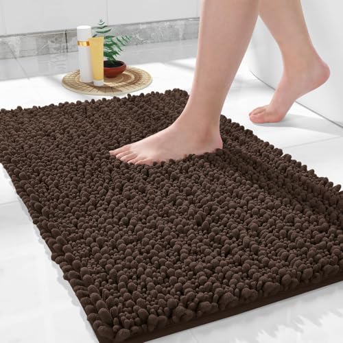 Yimobra Original Luxury Chenille Bath Mat, 32 x 20 Inches, Soft Shaggy and Comfortable, Large Size, Super Absorbent and Thick, Non-Slip, Machine Washable, Perfect for Bathroom, Brown