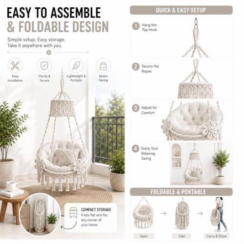 Image of Premium King Size Hammock Chair Swing with Cushion, 200kg Capacity | Indoor Outdoor Heavy Duty Adults & Kids Hanging Jhula for Home, Garden, Patio & Balcony | 1 Year Warranty (Off White)
