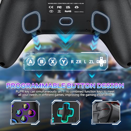 Image of Dinosoo 10ft Wired RGB Controller for X-box One Series X|S & PC, Turbo, Macro Function, 4 Vibration Motors, 3.5mm Audio Jack - Black White