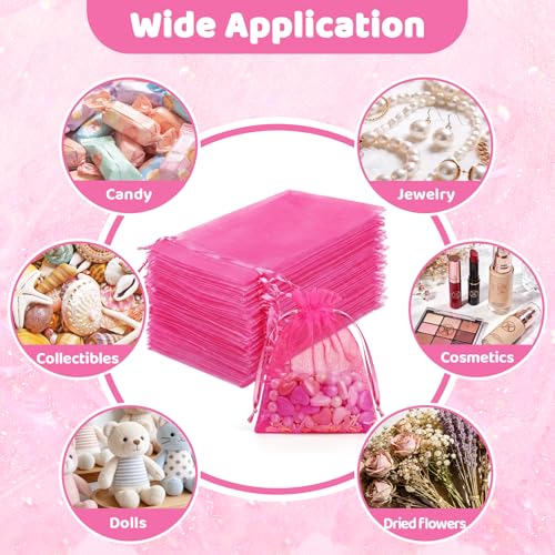 Image of FUNFERY 100 Pcs Hot Pink Organza Bags 3x4 in, Small Mesh Drawstring Gift Bags for Sachet, Jewelry, Candy, Wedding Favor, Easter Day