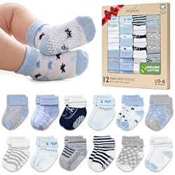 GOTS Organic Cotton Blend 12 Pairs infant sock with Grip 0-6 M Boy Non Slip | Oeko-Tex Certified, Baby Socks, 12 Pairs, Organic Cotton Socks For Boys, Newborn Baby Socks, Blue, For Baby Boys, 0-6 Month