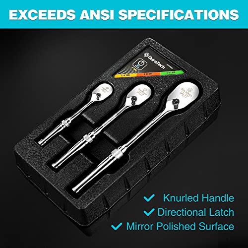 Duratech 3-Piece Ratchet Set, 1/4", 3/8", 1/2" Drive Ratchets, Dirt Resistance 90-Tooth Ratchet Wrench, Chrome Alloy Made, Fully Polished, Organized In Storage Case #TOP7