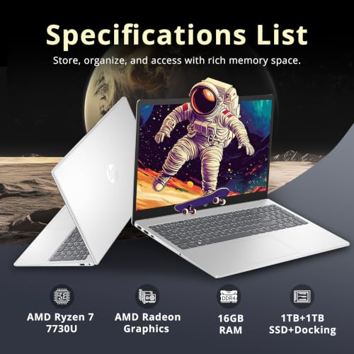 Image of HP Laptop, 15.6 inch FHD IPS Touch Display, AMD Ryzen 7 7730U, 16GB RAM, 2TB Storage (1TB SSD+1TB Docking Station Set), AMD Radeon Graphics, Numeric Keypad, 720p HD Camera, Wi-Fi 6, Win 11, Silver