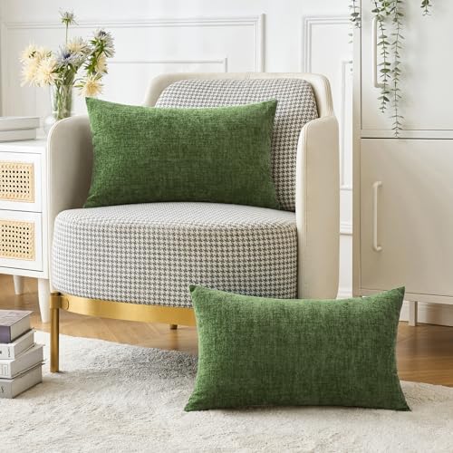 Image of MIULEE Pack of 2 Couch Throw Pillow Covers 12x20Inch Soft Moss Green Spring Chenille Lumbar Pillow Covers for Sofa Living Room Solid Dyed Cases