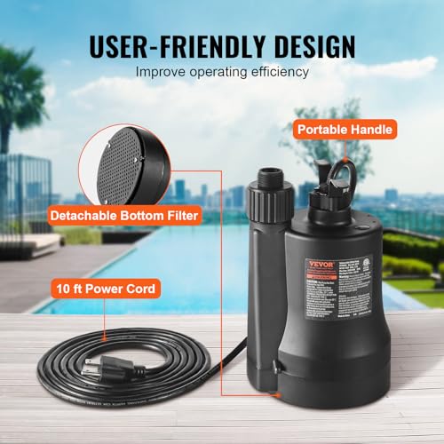 VEVOR Sump Pump Submersible, 1/3 HP, 2450 GPH High Flow, 30 ft Head, Submersible Water Pump, Thermoplastic Sump Pump with 10 ft Power Cord for Draining Water from Pool Garden Pond Basement - Thumbnail 5
