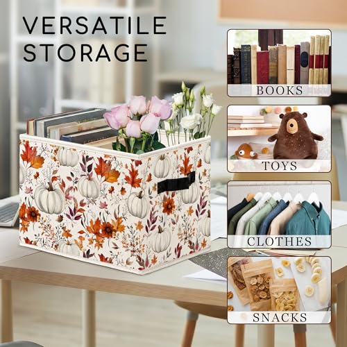 dvhdajed Fall White Pumpkin Maple Leaf Cube Storage Bins,Autumn Leaves Floral Collapsible Storage Boxes with Handles, Thanksgiving Decorative Organizer Bins for Laundry Bedroom,14.2x10.6x10.6in by dvhdajed - Used condition - Image 6
