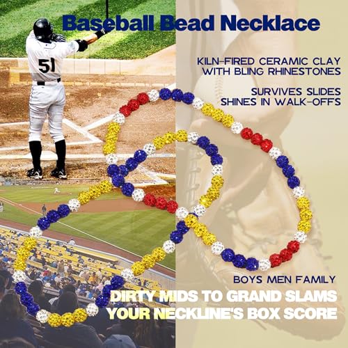 Krfy Baseball Necklaces for Boys, Bling Rhinestone Beaded Necklaces, Diamond Baseball Drip Necklace Ice Bead Necklaces Inspired Sports Jewelry, 17.7 Inches White-Blue-Yellow, Age：Over 8 Years Old by Krfy - Image 2