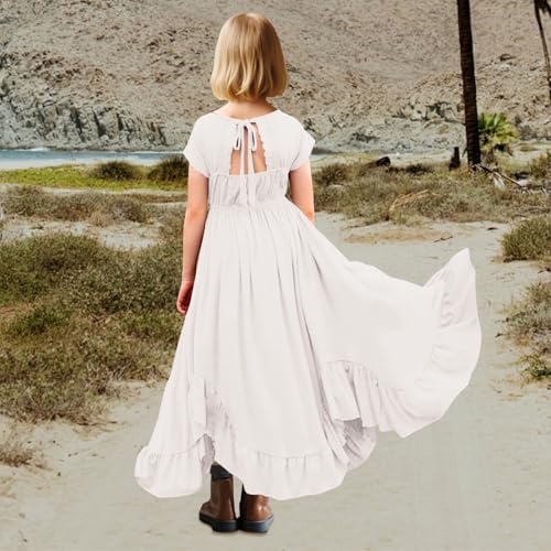 Girls’Lace Boho Maxi Flower Dresses Flowy and Swing Backless Strappy Irregular Dress for Daily or Party3