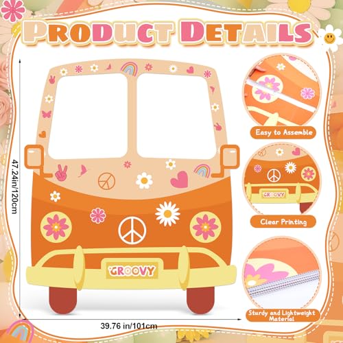 APUDWN Hippie Bus Cardboard Cutout, Large 39.76 x 47.24 in Groovy Party Decoration, Retro 60s 70s Hippie Selfie Frame Photo Booth Prop, Daisy Van Life-Size Backdrop for Groovy Hippie Boho Party Favor