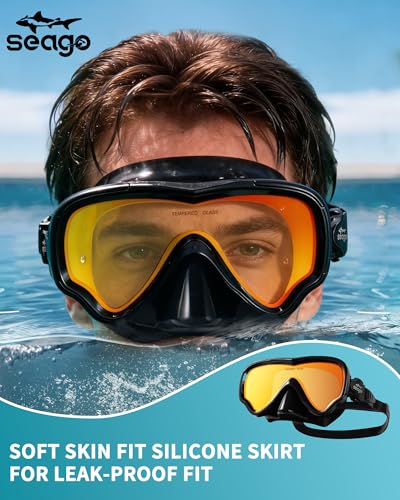 Image of Seago Adult Swim Goggles Mask Mirrored Tempered Lens, Anti UV /Fog No Blurring Clear Wide View with Nose Cover for Men Women