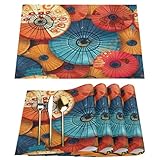 Juego de 4 manteles individuales japoneses con patrón de paraguas de papel, resistentes al calor, de poliéster y lino, lavables, para cocina, mesa de comedor, vacaciones, fiesta, decoración de uso