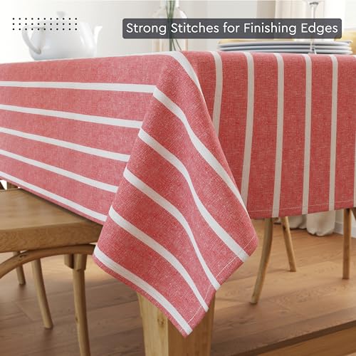 Image of Encasa XO Cotton Rectangular Table Cloth for 6 to 8 Seater | (140x230 cm) | Roma Red Stripes | Dining Tablecloth for Decoration
