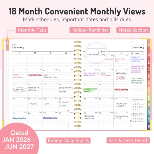 Forvencer Planner 2026-2027, 18 Month Weekly and Monthly Calendar Planner, Jan 2026 -June 2027, 8.5\" x 11\", Daily Agenda Book with Tabs, College School Supplies for Student Teacher Home, A4, Pink - Thumbnail 3