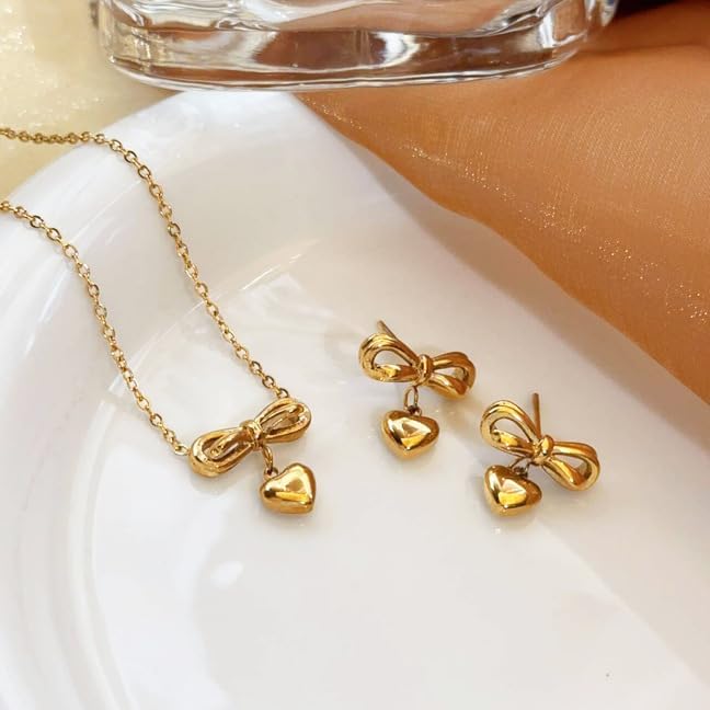 ONLYJUMP 2 Pairs Heart Ribbon Bow Dangle Earrings Necklaces Set For Women 14k Gold Plated Dainty Ribbon Heart Bow Earrings Necklces Trendy Jewelry Gift - Image 6