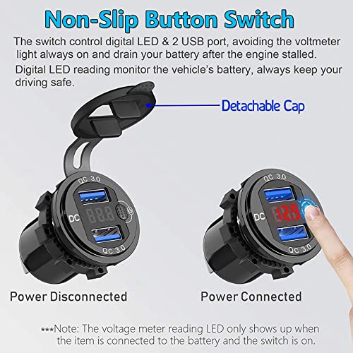 Cargador de coche USB rápido para viajes largos con interruptor y voltímetro digital impermeable 4