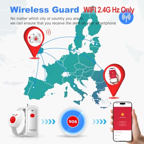 Life Alert Systems for Seniors No Monthly Fee Wi-Fi APP Control Elderly Alarm Call Button Caregiver Pager for 1 Call Button 1 Watch Button 1 Receiver(Only Supports 2.4GHz Wi-Fi) (YX-hjq)