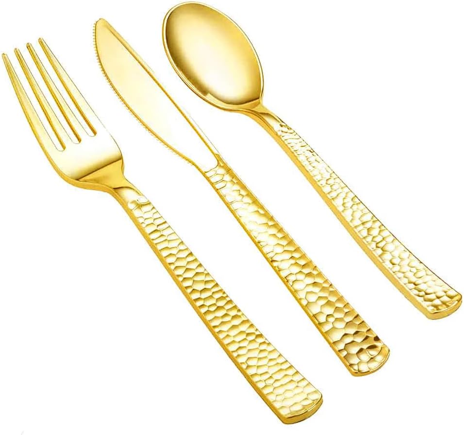 Gold Pebbled Plastic Cutlery Combo Set – Durable Disposable Forks, Spoons, and Knives for Hot and Cold Foods – Elegant Utensils for Parties, Catering, Weddings, Events, and Takeout (384)
