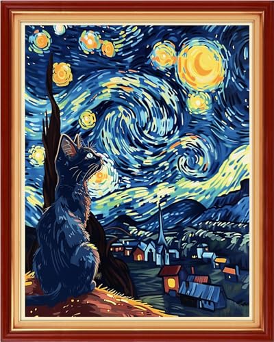 Image of Funchey Stamped Cross Stitch Kits, DIY Cross Stitch Pattern for Adults Beginners Needlepoint Kits Embroidery Kit Arts and Crafts 11CT&Cat admires Van Gogh's Starry Sky 16x20 inchs