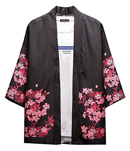 LifeHe Men\'s Kimono Cardigan Japanese Printed 3/4 Sleeve Open Front Shirt Jacket Black - Thumbnail 2