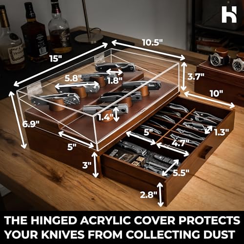 Premium Pocket Knife Display Case for 30 Knives - Large Wooden Knife Organizer, Storage & Holder with Unique Pillars, Hinged Cover, Drawer - Knife Collection Box - Handcrafted Valentine's Gift for Men