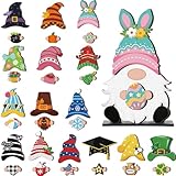 Blulu 32 Pcs Interchangeable Wooden Gnome Decor Easter Spring Gnomes Welcome Sign Holiday Seasonal Tiered Tray Decor with Magnet Pieces for Summer Gifts Decorations (Cute)
