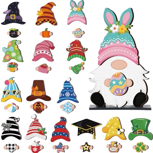 Blulu 32 Pcs Interchangeable Wooden Gnome Decor St. Patrick's Day Easter Gnomes Welcome Sign Holiday Seasonal Tiered Tray Decor with Magnet Pieces Decorations (Cute)
