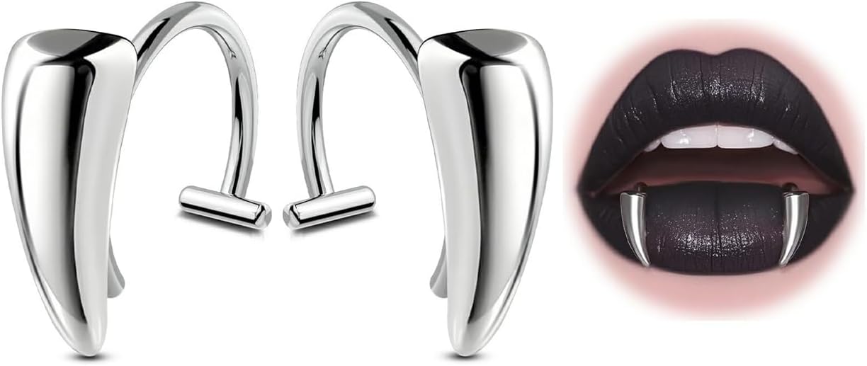 GAUEIOUR Fake Lip Ring, 316L Stainless Steel Fake Lip Piercing Vampire Fangs Teeth Ring, Adjustable Lip Non-Piercing Fake Nose Piercing Halloween Carnival Cosplay Props Jewelry For Women Men (Silver)