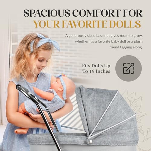 Toddler Baby Doll Stroller | Removable Bassinet for Easy Transport | Stroller Toys for Kids | Promotes Creativity & Imaginative Play | Classic Denim Blue, 19\" | Fits a Variety of Dolls | Valco Baby - Thumbnail 5