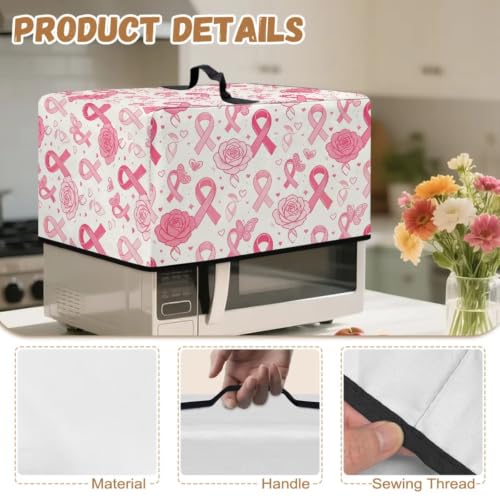 Image of Dustproof Microwave Oven Cover Breast Cancer Awareness Toaster Oven Cover Protector for Kitchen Countertop, L, Pink Ribbon Rose Butterfly Cream White