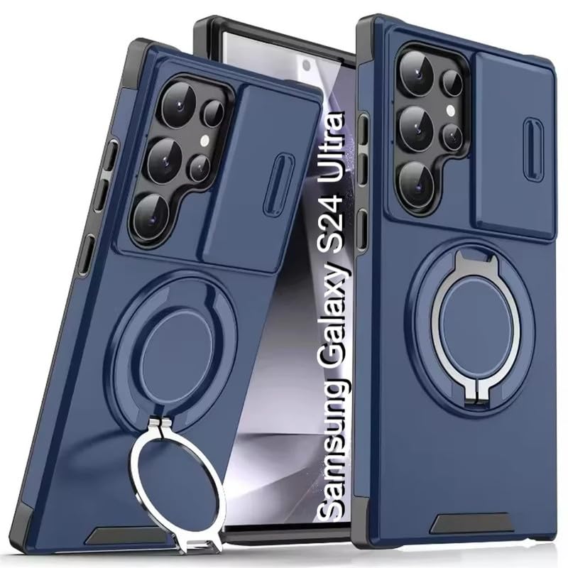 Image of LuxuryKase Shockproof Rugged Case for Samsung Galaxy S24 Ultra | Slide Camera Cover | 360 Rotating Ring Kickstand | Military-Grade Protection - Navy Blue