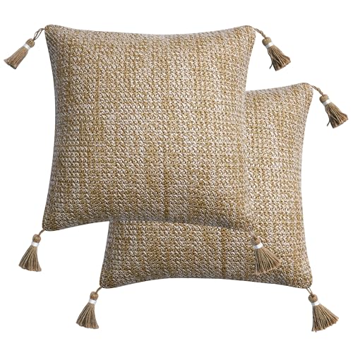 Honeycomb Outdoor Lumbar Toss Pillow Set, 17" H x 17" L, Raffia Sail Away Tan with Tassels Outdoor Pillows