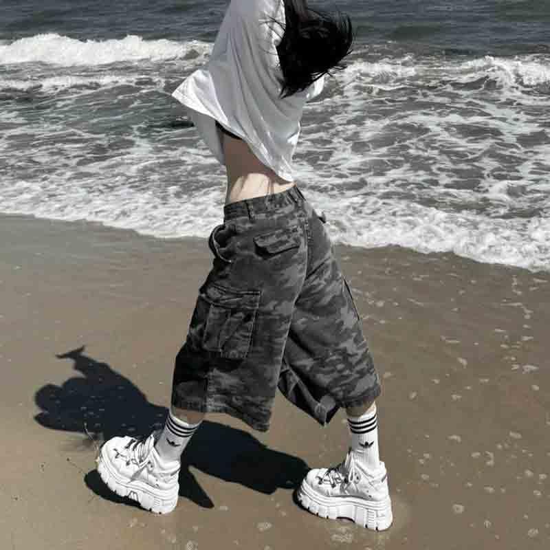 BXCNCKD Women's high Waist Slimming Camouflage Loose Wide Leg Pants Street Trend Seven Quarter Jeans Cargo Pants4