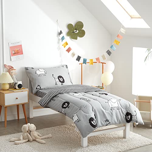 Flysheep 4 Piece Gray Grey Toddler Bedding Set With Multi Animals Printed For Baby Boys - Includes Quilted Comforter, Flat Sheet, Fitted Sheet & Pillow Case, Soft & Comfortable Microfiber #TOP6