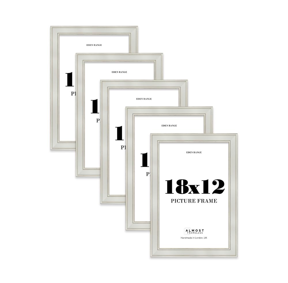 18x12 Light Grey Picture Frame - Shabby Chic Photo Frame with Distressed Finish, Gold Trim, Wall Hooks, 37mm Edge - 5 Pack