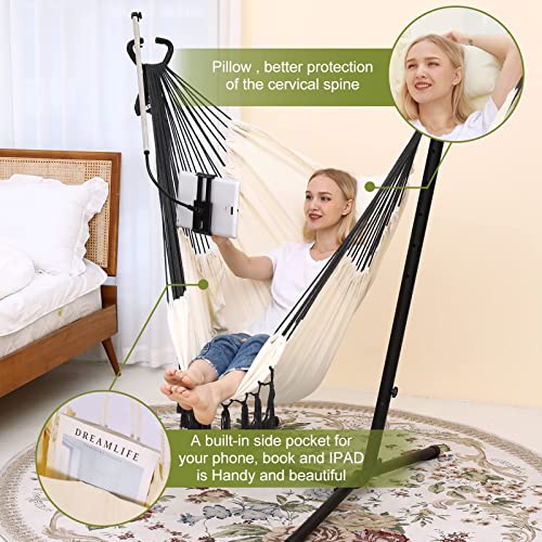 Hammock Chair With Stand Double Hammock Chair Bohemian Style With Tassel Phone Stand Handmade Adjustable Swing Indoor Outdoor Patio Garden Porch With Footrest Can Lie Down Capacity 400 Pounds (Gray) #TOP5
