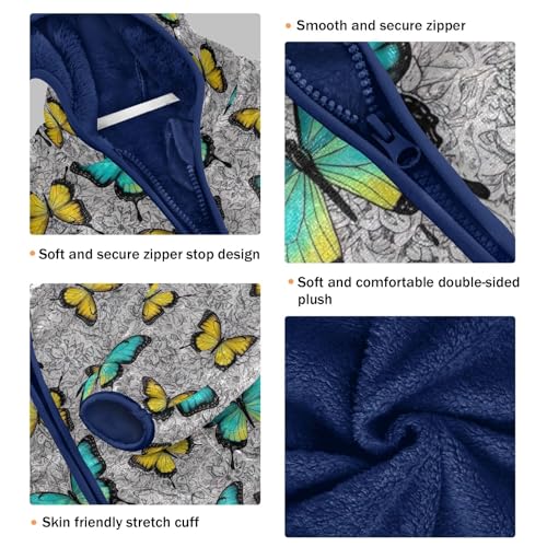 Butterflies Teal Yellow Boy Hooded Jacket, Comfy Light Fleece Jacket 3T3